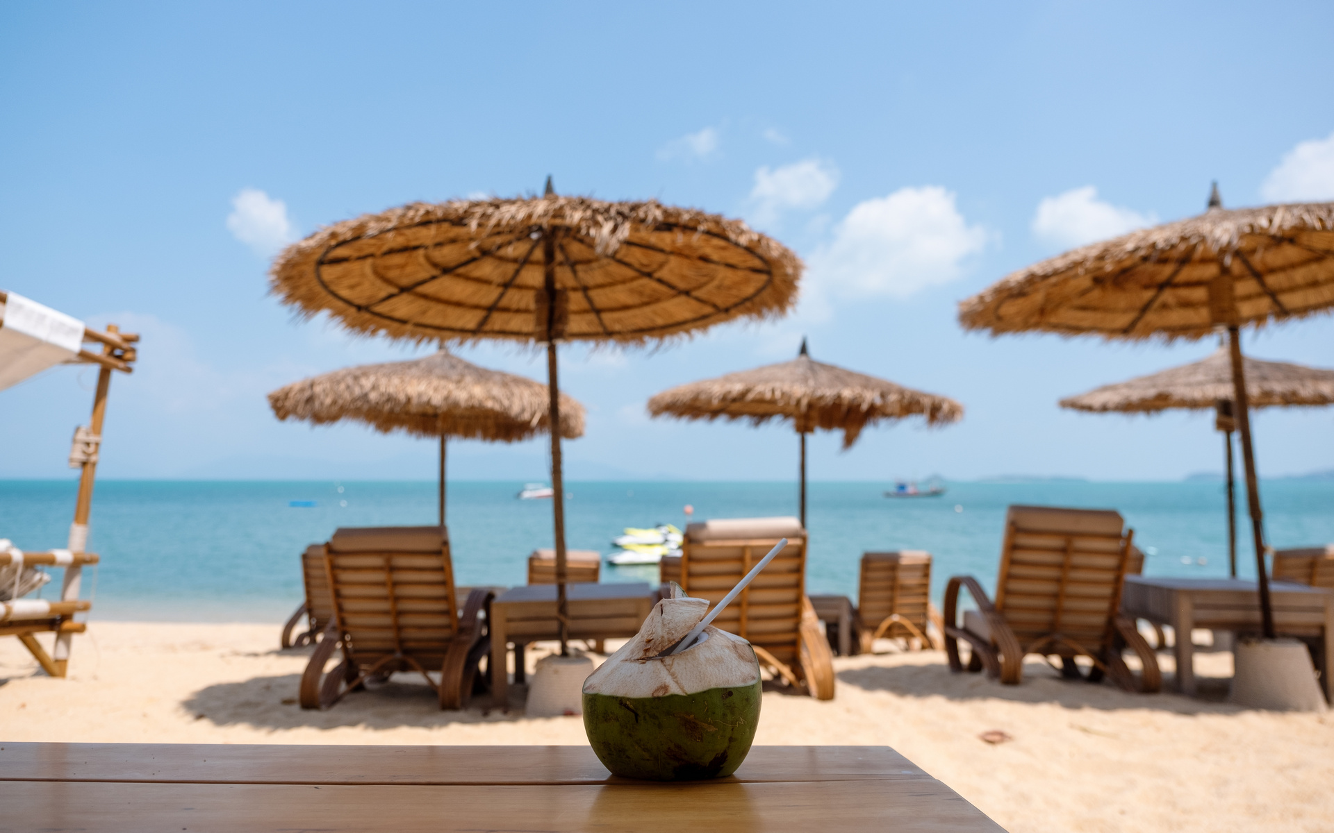 A fresh coconut on wooden table at tropical beach cafe